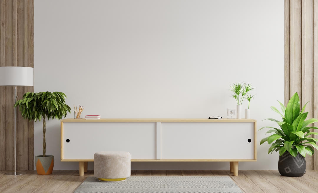 Cabinets and wall for tv in living room, Mockup white wall,3D rendering